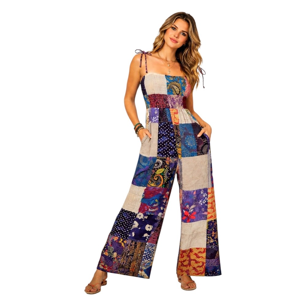 Kathmandu Imports Womens Patchwork Jumpsuit Boho Cotton Wide Leg Tie Strap NEW